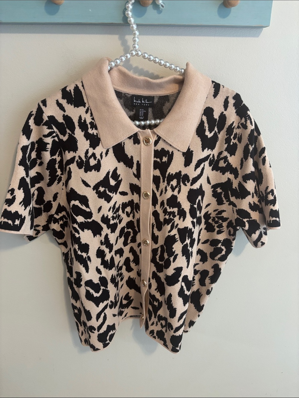 Nicole Miller New York Leopard Knit Top XL Short Sleeve Collared Button Cardigan